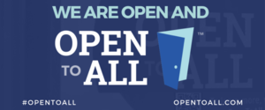 Blue banner with text We Are Open to All with an open door graphic, as part of #OpenToAll campaign